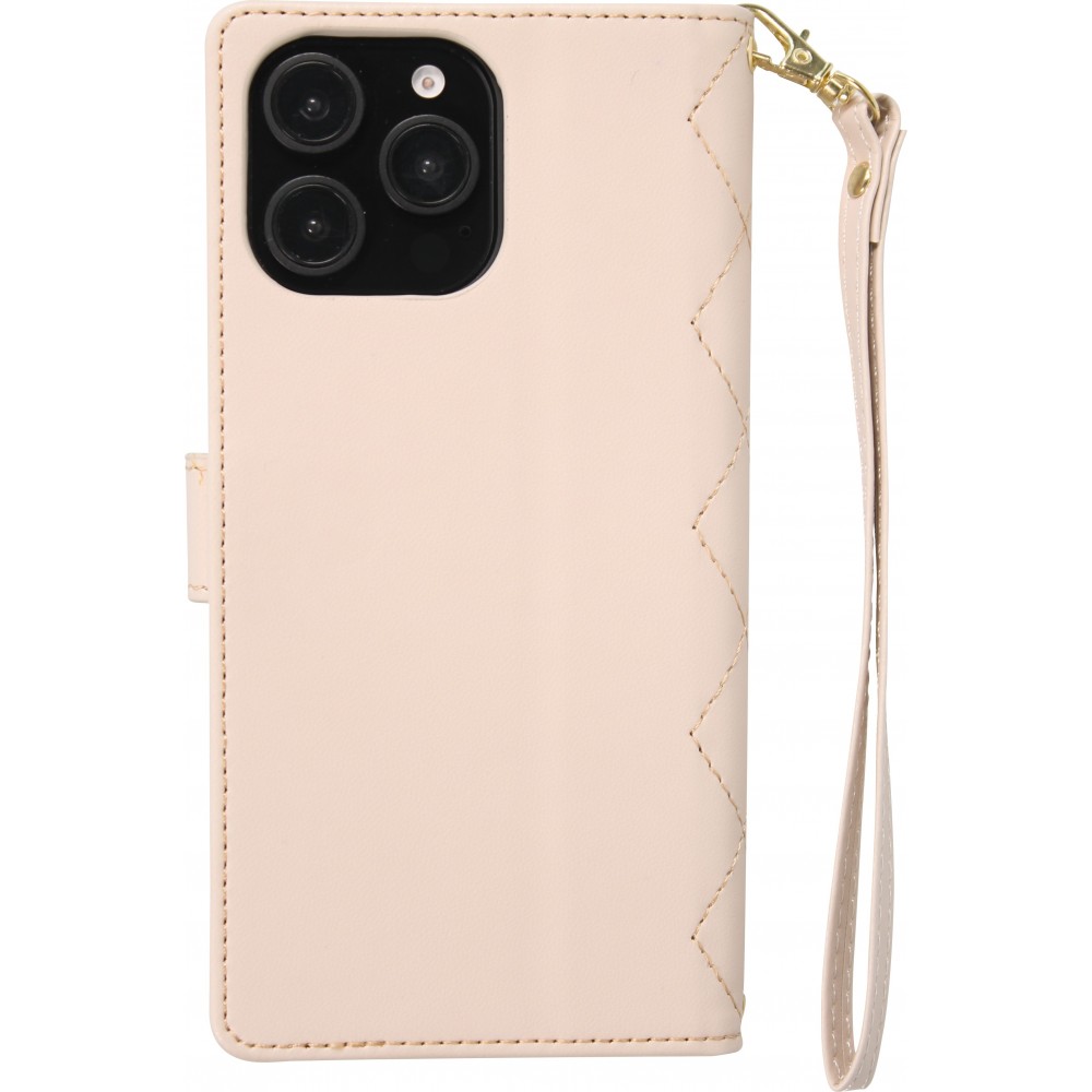 iPhone 16 Pro Max Case H&uuml;lle - Elegante Flip-Matratze mit Magnetverschluss Trageschlaufe und Kartenf&auml;chern - Beige
