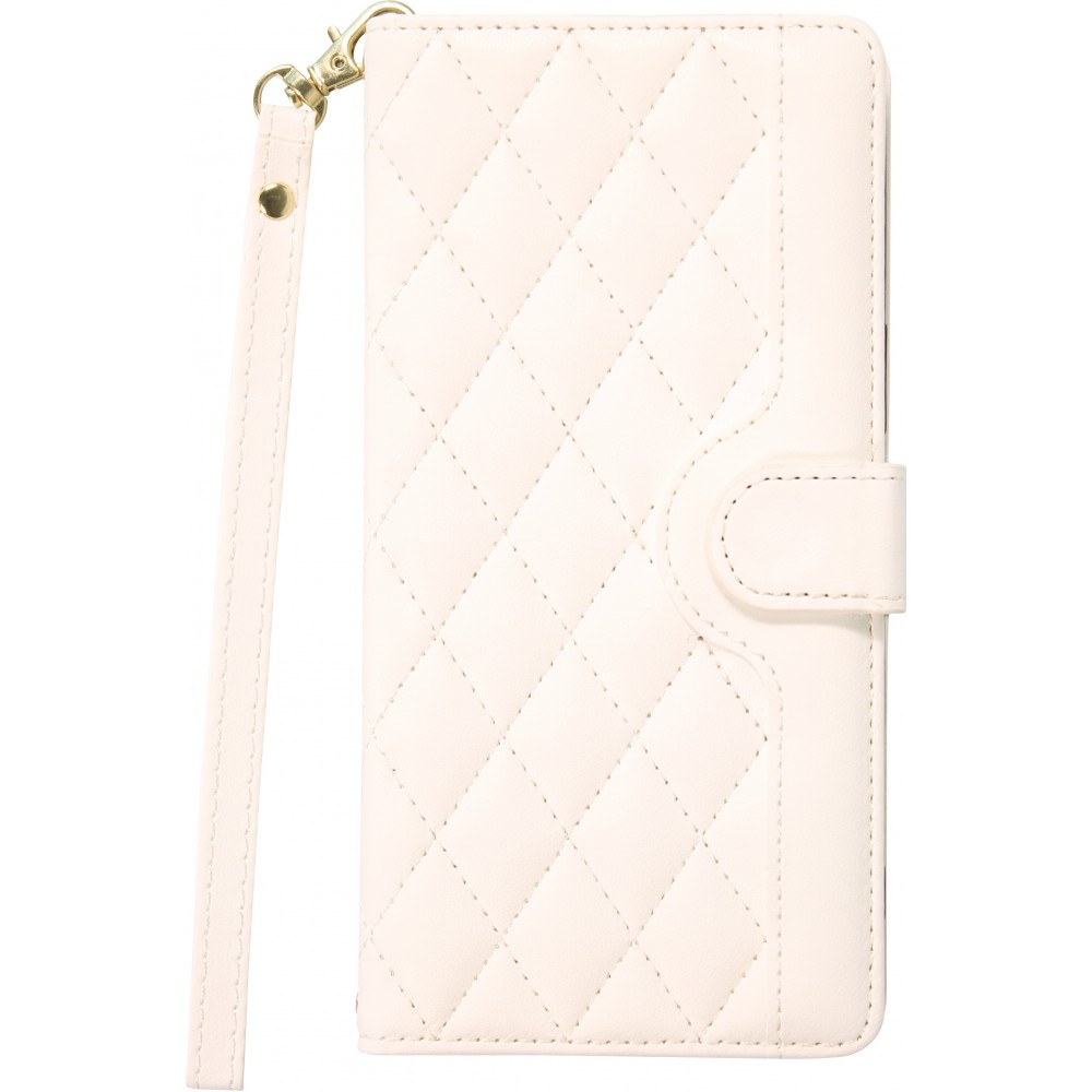 Fourre iPhone 16 Pro Max - Flip matelass&eacute; &eacute;l&eacute;gant avec fermeture magn&eacute;tique et lani&egrave;re et emplacements pour cartes - Blanc