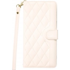 Fourre iPhone 16 Pro Max - Flip matelass&eacute; &eacute;l&eacute;gant avec fermeture magn&eacute;tique et lani&egrave;re et emplacements pour cartes - Blanc