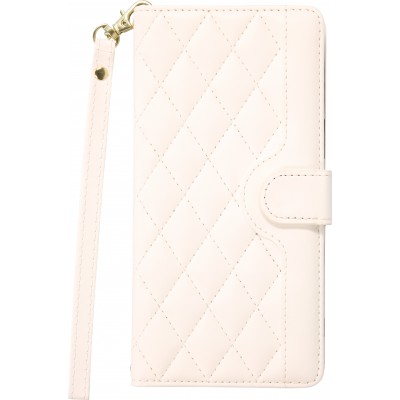 Fourre iPhone 16 Pro Max - Flip matelass&eacute; &eacute;l&eacute;gant avec fermeture magn&eacute;tique et lani&egrave;re et emplacements pour cartes - Blanc