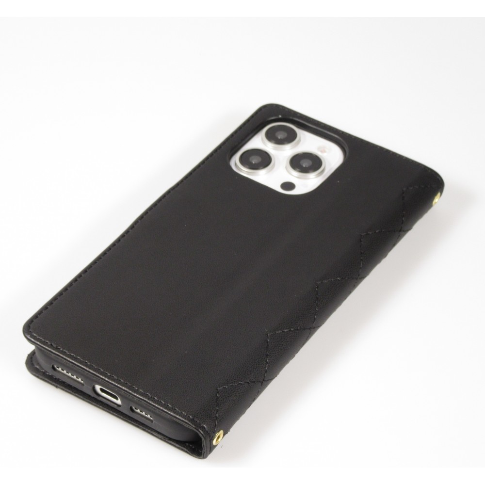 Fourre iPhone 16 Pro Max - Flip matelass&eacute; &eacute;l&eacute;gant avec fermeture magn&eacute;tique et lani&egrave;re et emplacements pour cartes - Noir