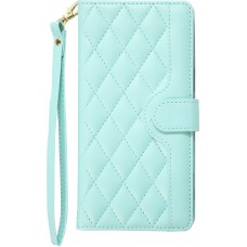 Fourre iPhone 16 Pro Max - Flip matelass&eacute; &eacute;l&eacute;gant avec fermeture magn&eacute;tique et lani&egrave;re et emplacements pour cartes - Turquoise