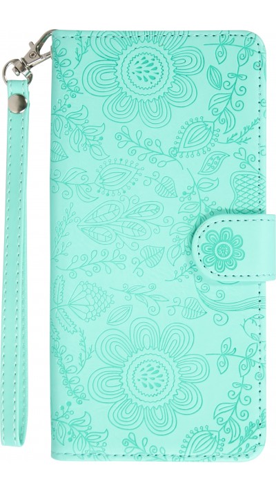 Fourre iPhone 16 Pro Max - Flip porte-cartes dessins fleurs avec lanière - Bleu clair