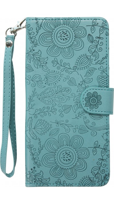 Fourre iPhone 16 Pro Max - Flip porte-cartes dessins fleurs avec lanière - Bleu foncé