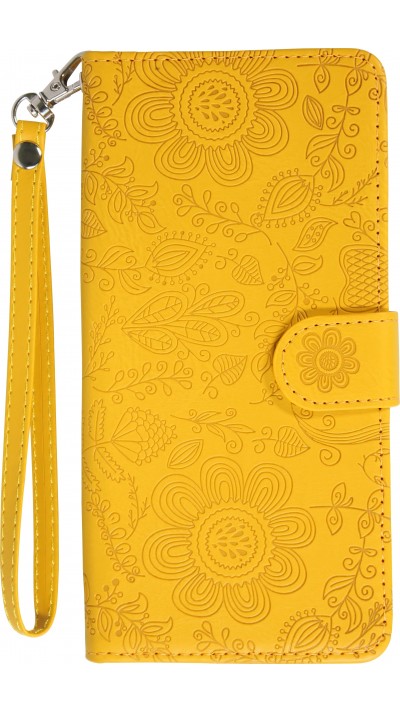 Fourre iPhone 16 Pro Max - Flip porte-cartes dessins fleurs avec lanière - Jaune