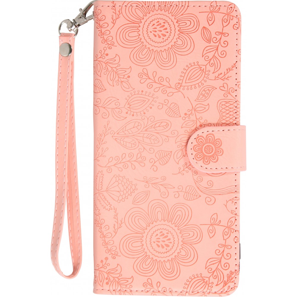 iPhone 16 Pro Max Case Hülle - Flip Kartenetui Blumenmuster mit Lanyard - Rosa