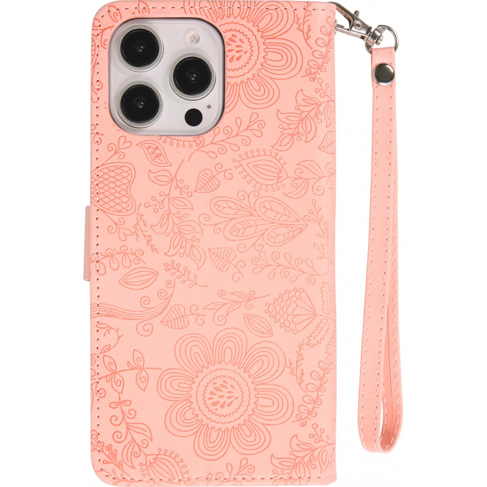 iPhone 16 Pro Max Case Hülle - Flip Kartenetui Blumenmuster mit Lanyard - Rosa