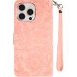 iPhone 16 Pro Max Case Hülle - Flip Kartenetui Blumenmuster mit Lanyard - Rosa