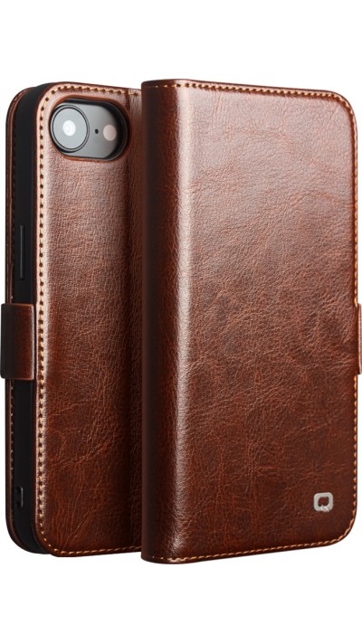 Fourre iPhone 16e - Flip Qialino cuir véritable avec fermeture magnétique - Brun