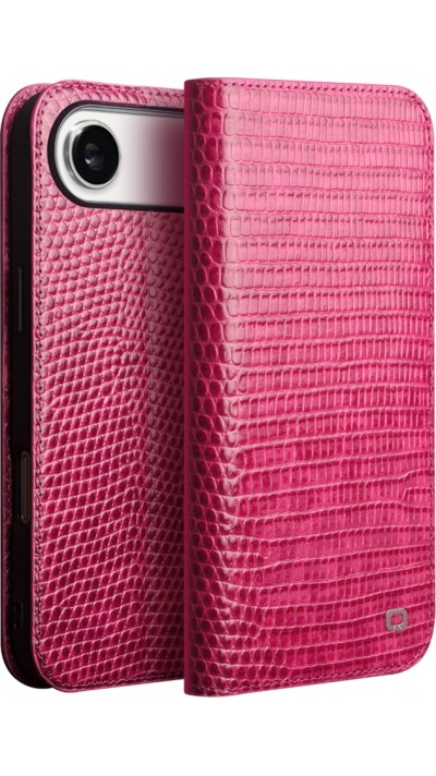 Fourre iPhone 17 Air - Flip Croco Qialino cuir véritable - Rose