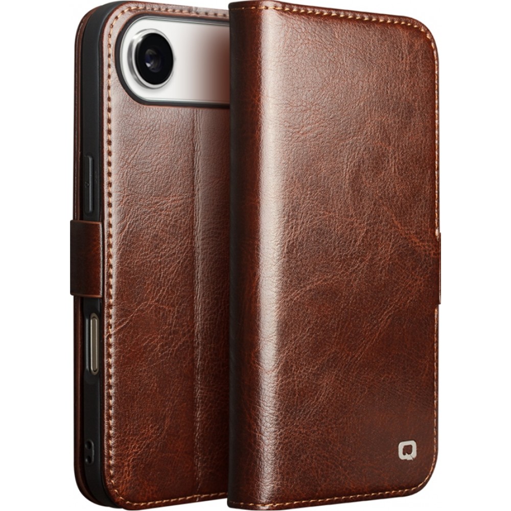 Fourre iPhone 17 Air - Flip Qialino cuir véritable avec fermeture magnétique - Brun