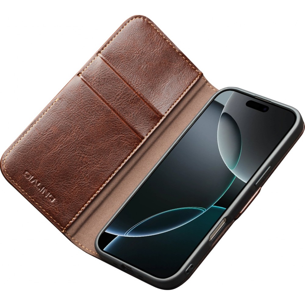 Fourre iPhone 17 Air - Flip Qialino cuir véritable avec fermeture magnétique - Brun