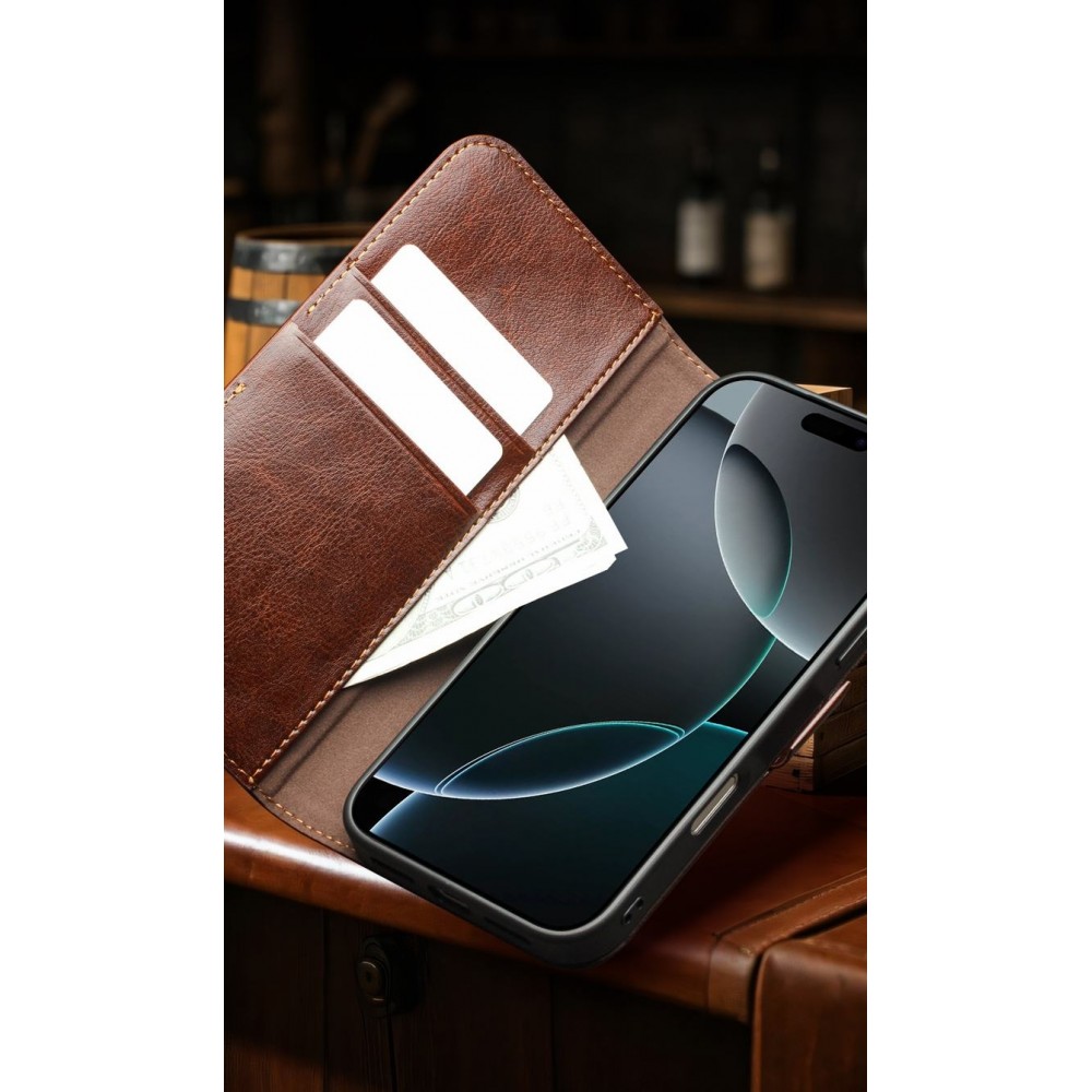 Fourre iPhone 17 Air - Flip Qialino cuir véritable avec fermeture magnétique - Brun