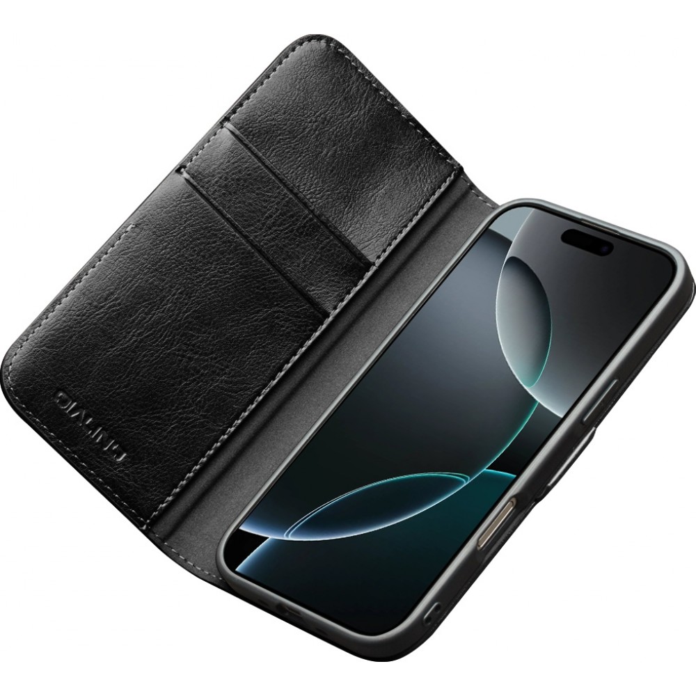 Fourre iPhone 17 Air - Flip Qialino cuir véritable avec fermeture magnétique - Noir