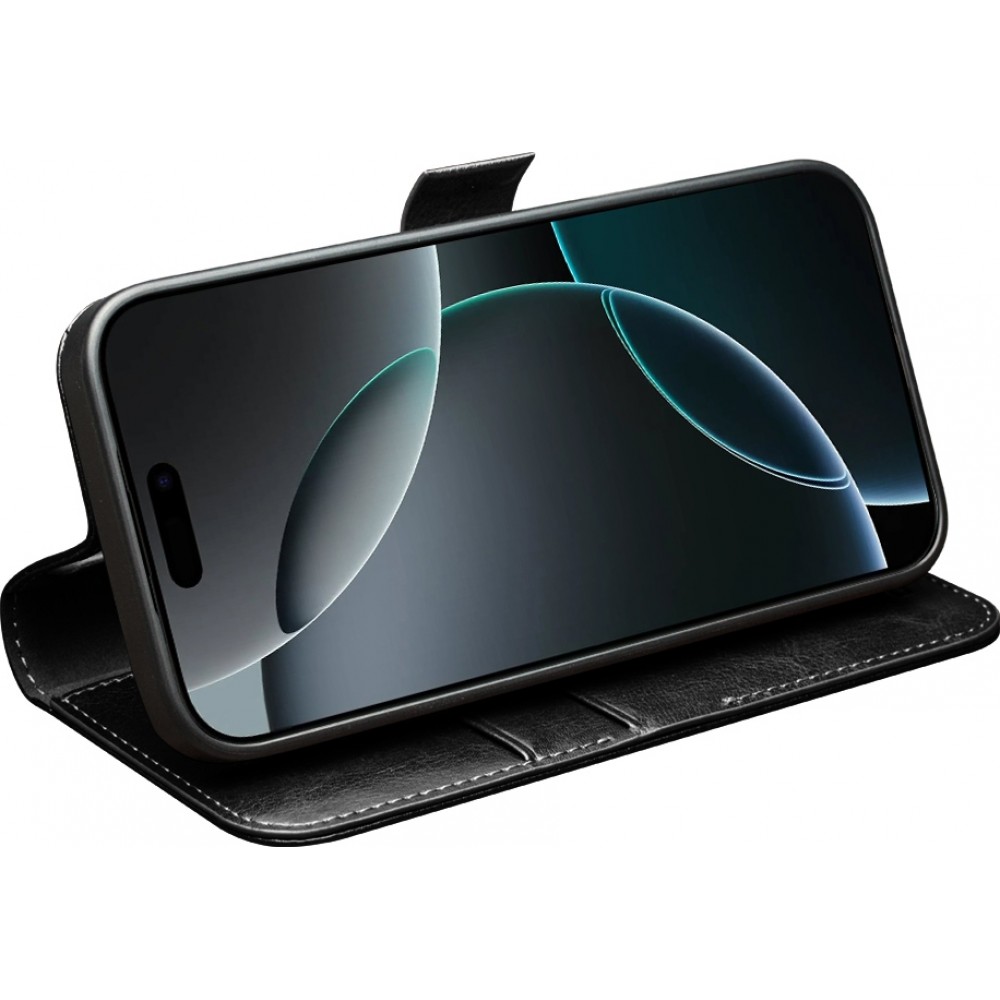 Fourre iPhone 17 Air - Flip Qialino cuir véritable avec fermeture magnétique - Noir