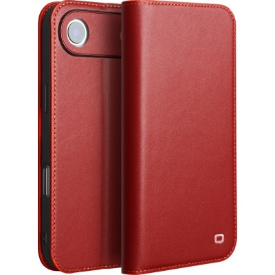 Fourre iPhone 17 Air - Flip Qialino Matt Wallet cuir véritable - Rouge