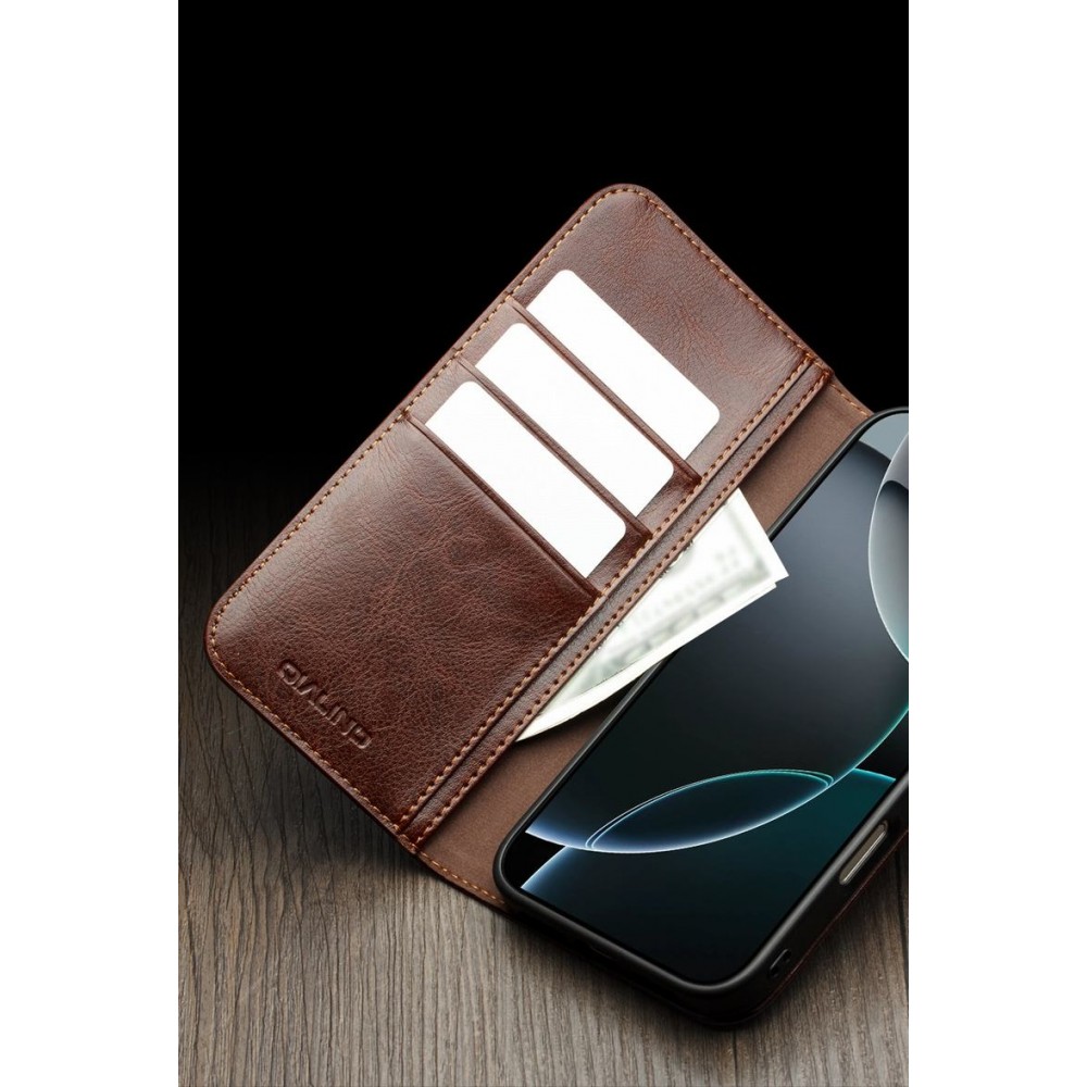 Fourre iPhone 17 - Flip Qialino Classic Wallet cuir véritable - Brun foncé