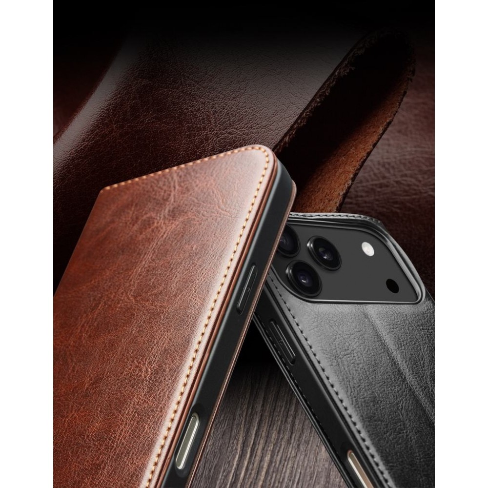Fourre iPhone 17 - Flip Qialino Classic Wallet cuir véritable - Brun foncé