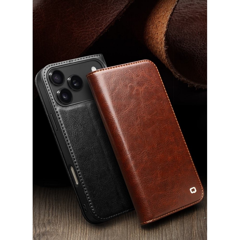 Fourre iPhone 17 - Flip Qialino Classic Wallet cuir véritable - Brun foncé