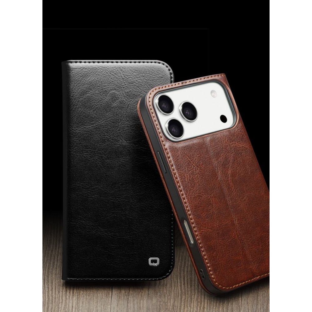 Fourre iPhone 17 - Flip Qialino Classic Wallet cuir véritable - Brun foncé