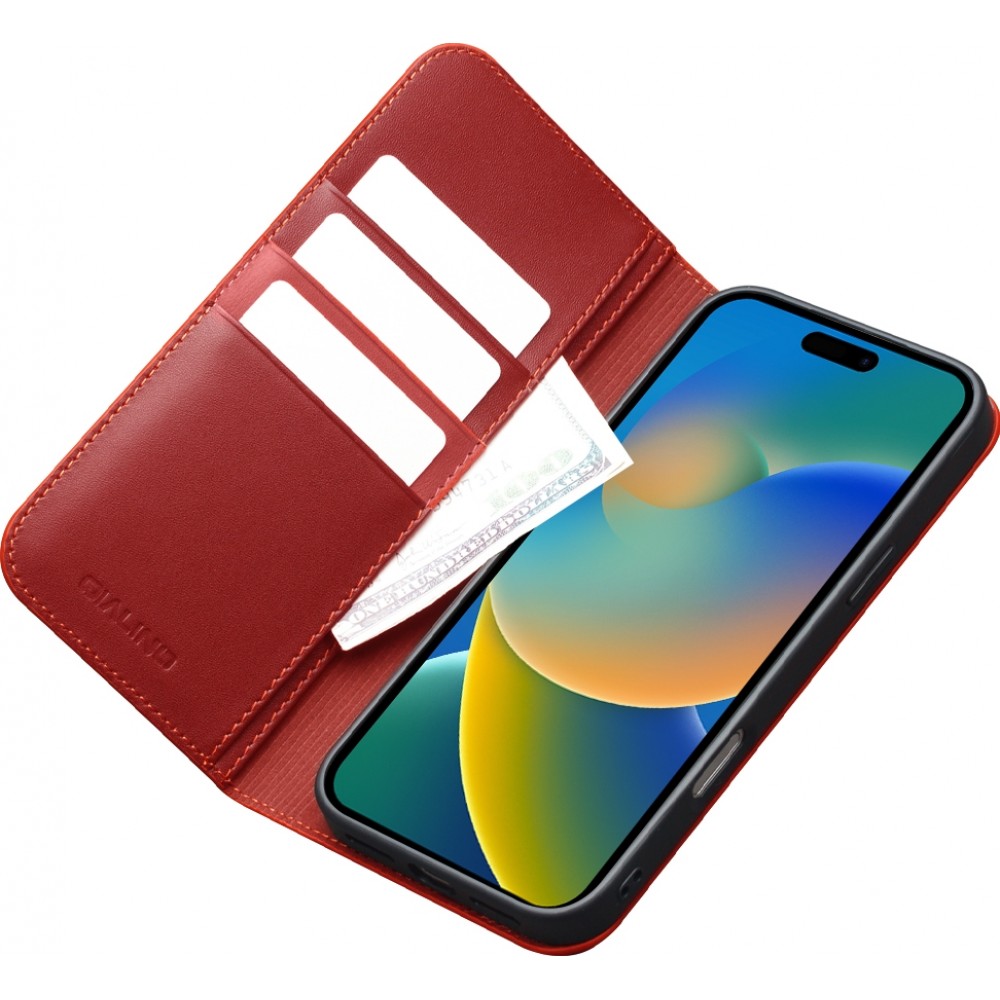 Fourre iPhone 17 - Flip Qialino Matt Wallet cuir véritable - Rouge