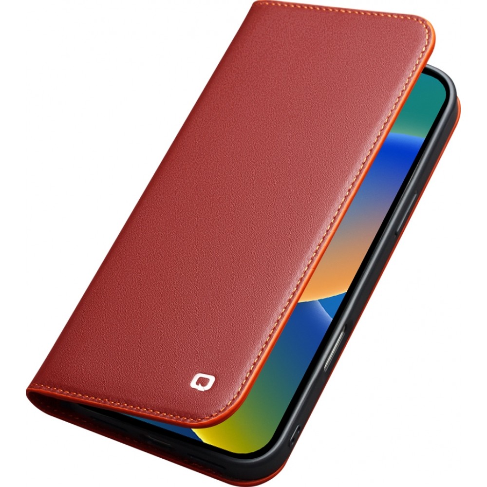 Fourre iPhone 17 - Flip Qialino Matt Wallet cuir véritable - Rouge