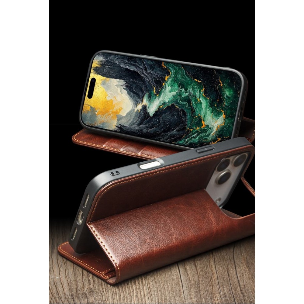 iPhone 17 Pro Max Case Hülle - Qialino Flip Classic Wallet Echtleder - Braun