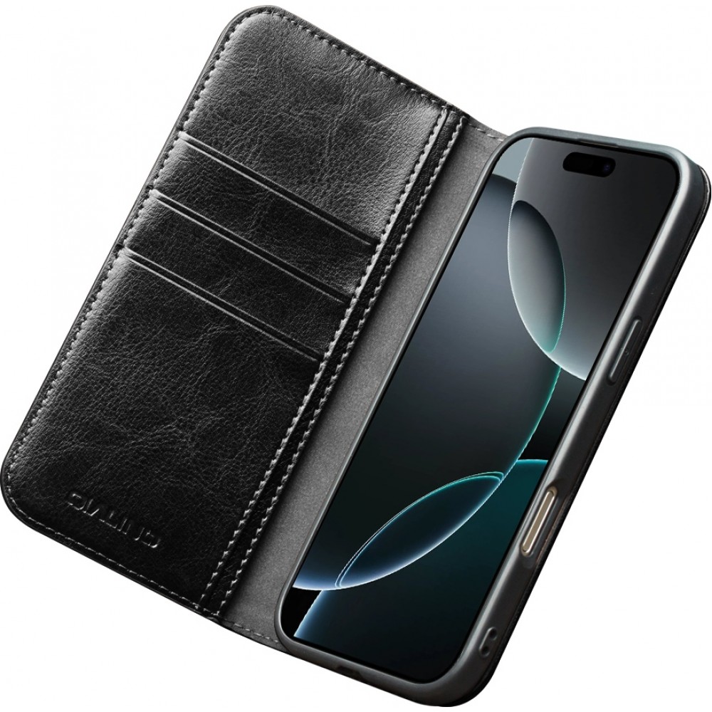 Fourre iPhone 17 Pro Max - Flip Qialino Classic Wallet cuir véritable - Noir