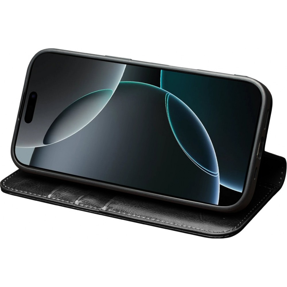 Fourre iPhone 17 Pro Max - Flip Qialino Classic Wallet cuir véritable - Noir