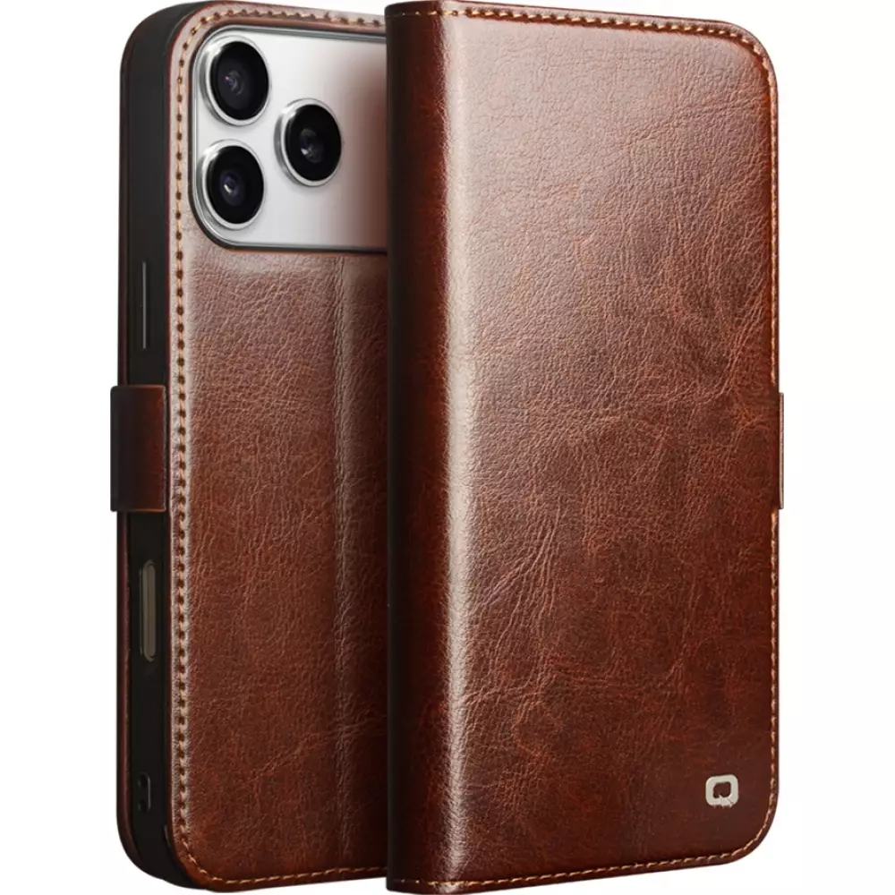 Fourre iPhone 17 Pro - Flip Qialino cuir véritable avec fermeture magnétique - Brun