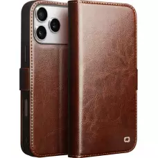 Fourre iPhone 17 Pro - Flip Qialino cuir véritable avec fermeture magnétique - Brun