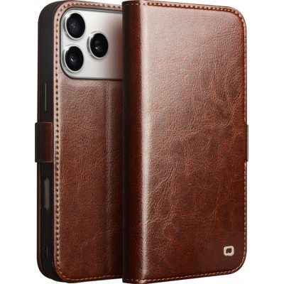 iPhone 17 Pro Case Hülle - Flip Qialino Echtleder mit magnetischem Verschluss - Braun