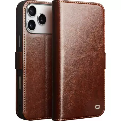Fourre iPhone 17 Pro - Flip Qialino cuir véritable avec fermeture magnétique - Brun