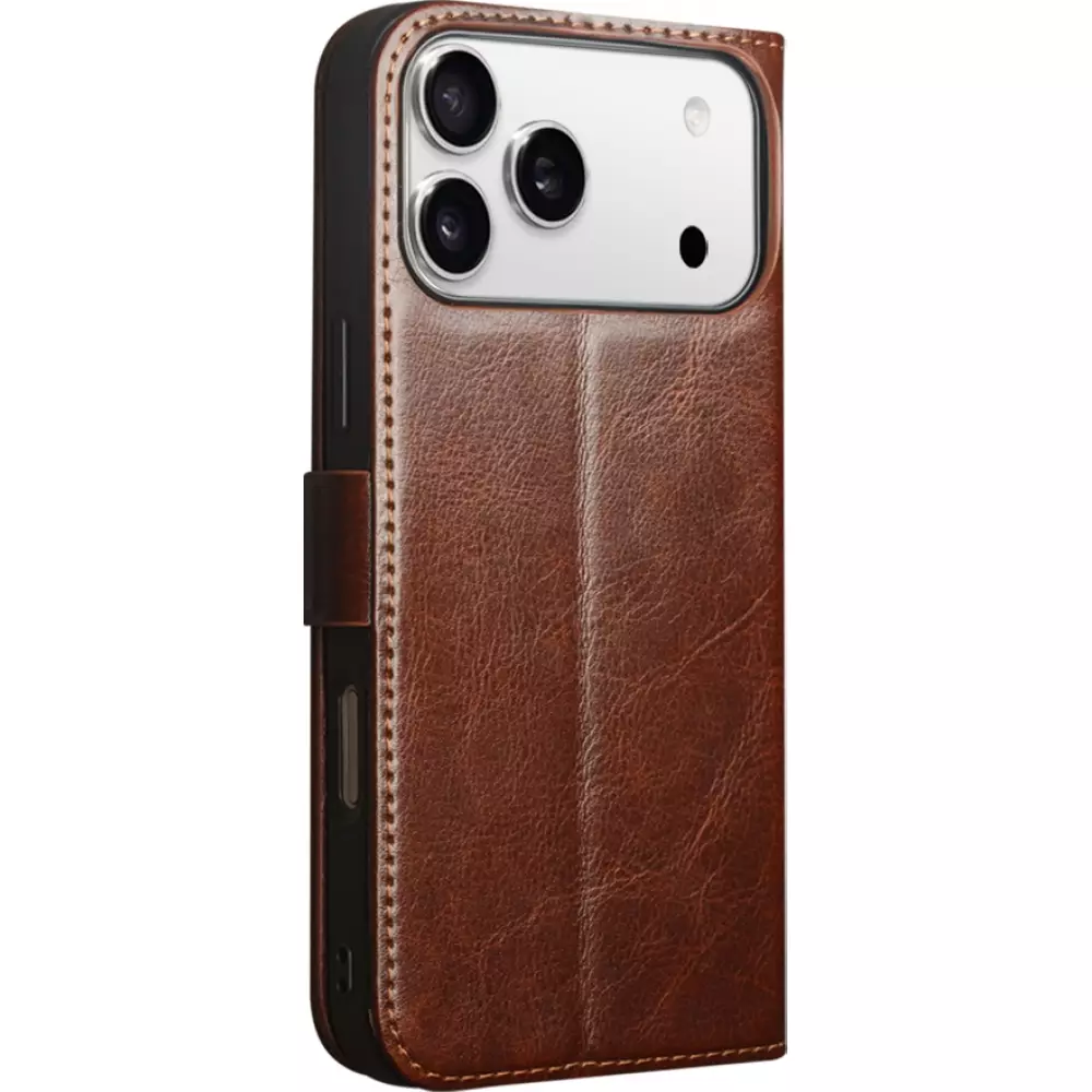 Fourre iPhone 17 Pro - Flip Qialino cuir véritable avec fermeture magnétique - Brun