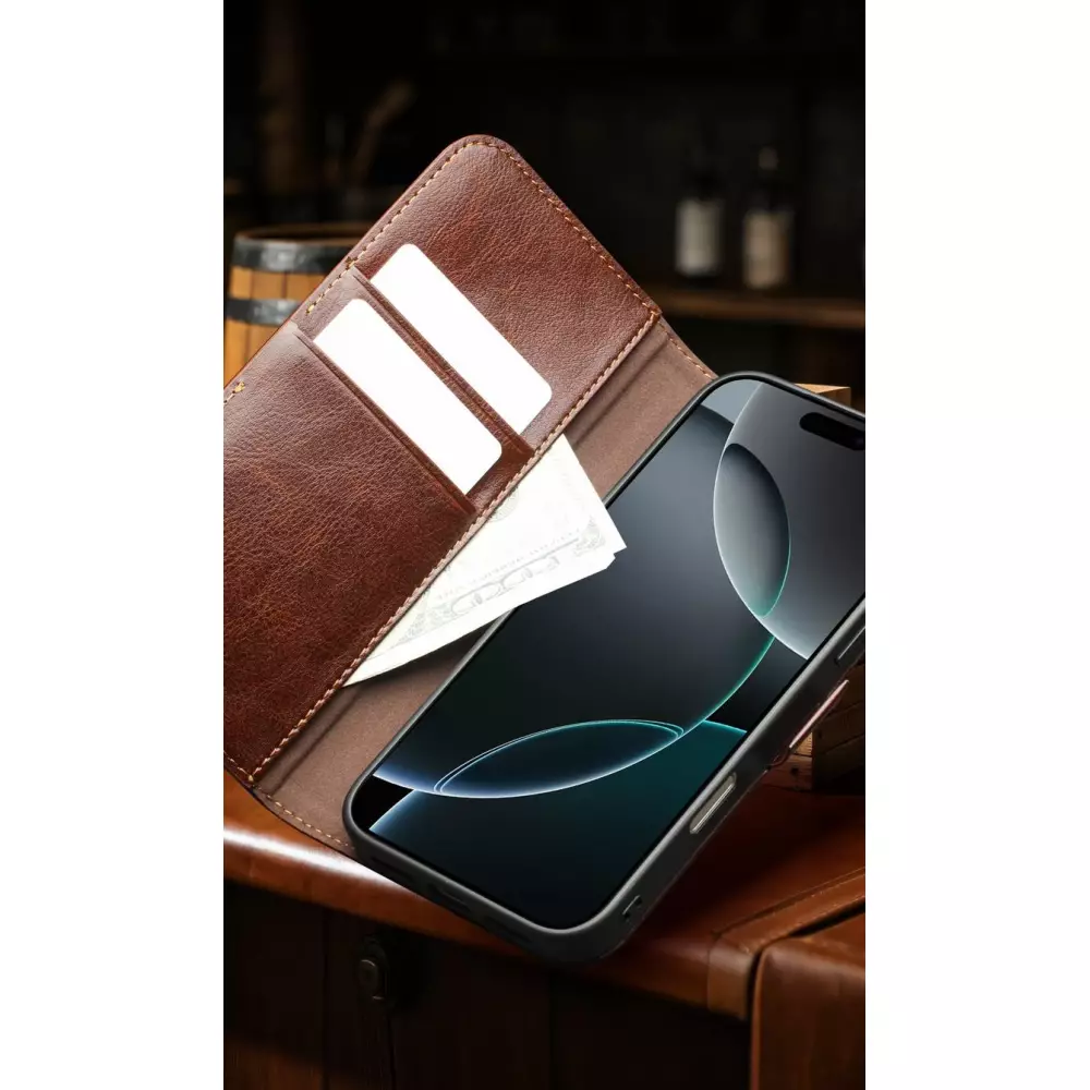 Fourre iPhone 17 Pro - Flip Qialino cuir véritable avec fermeture magnétique - Brun