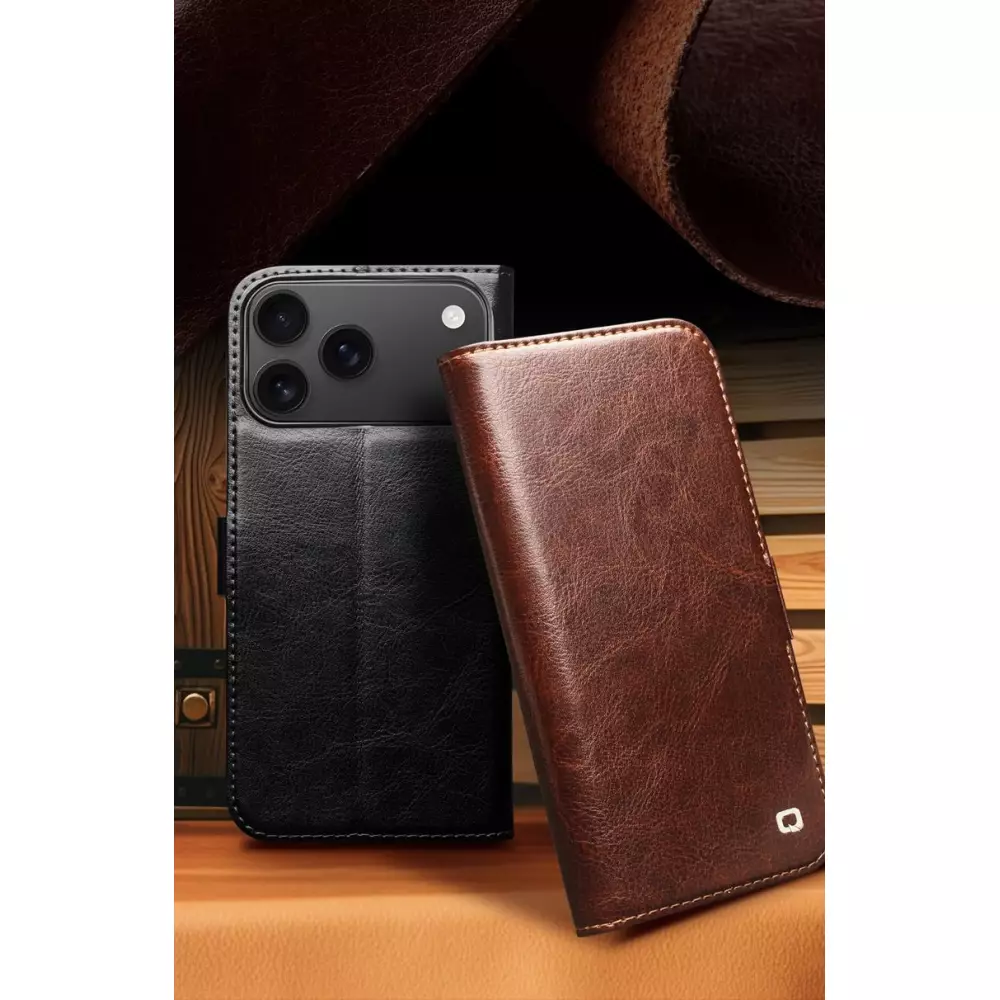 Fourre iPhone 17 Pro - Flip Qialino cuir véritable avec fermeture magnétique - Brun