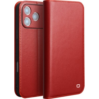 Fourre iPhone 17 Pro - Flip Qialino Matt Wallet cuir véritable - Rouge