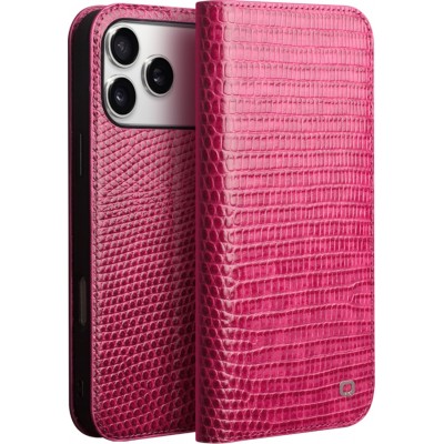Fourre iPhone 17 Pro Max - Flip Croco Qialino cuir véritable - Rose