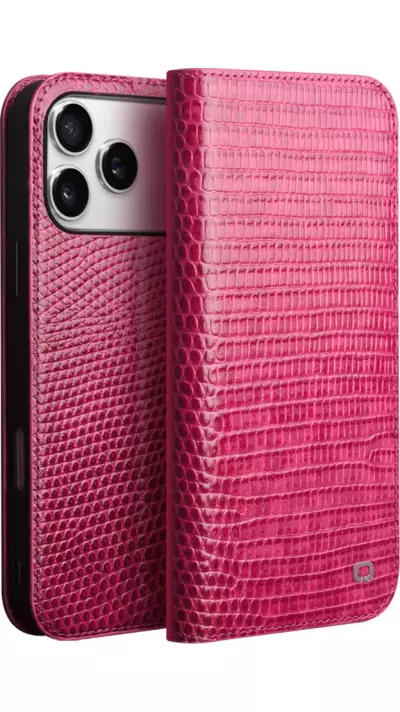 Fourre iPhone 17 Pro Max - Flip Croco Qialino cuir véritable - Rose