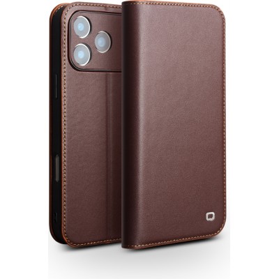 Fourre iPhone 17 Pro Max - Flip Qialino Matt Wallet cuir véritable - Brun foncé mat