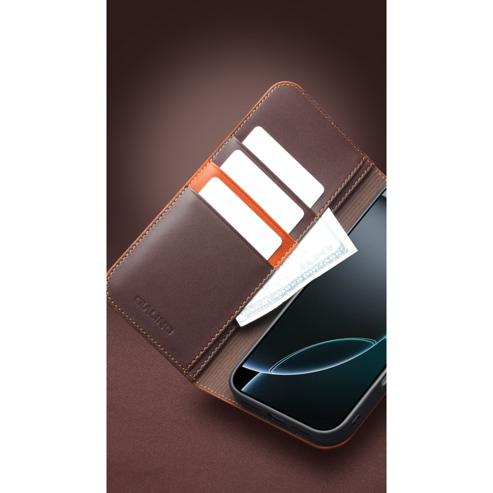Fourre iPhone 17 Pro Max - Flip Qialino Matt Wallet cuir véritable - Noir