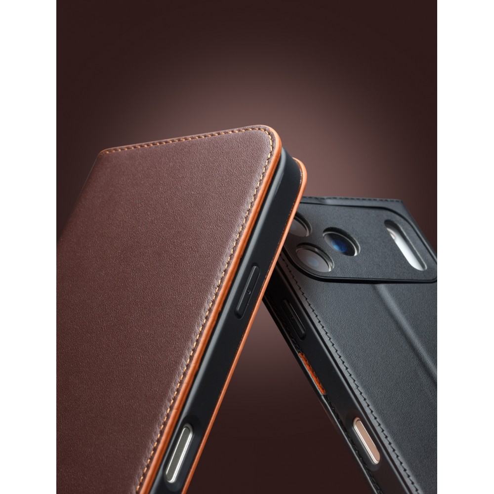 Fourre iPhone 17 Pro Max - Flip Qialino Matt Wallet cuir véritable - Noir