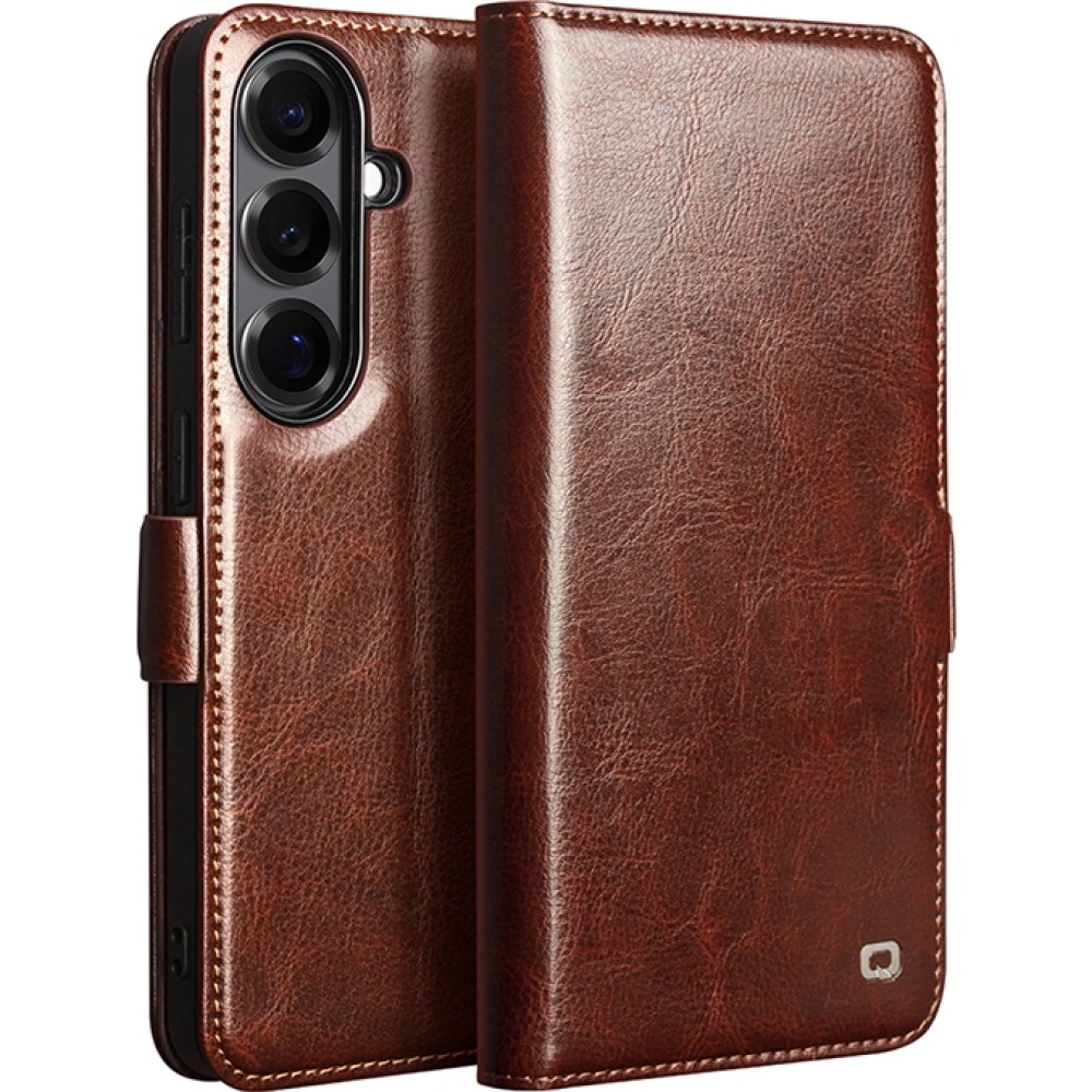 Fourre Samsung Galaxy S26 - Flip Qialino cuir véritable avec fermeture magnétique - Brun