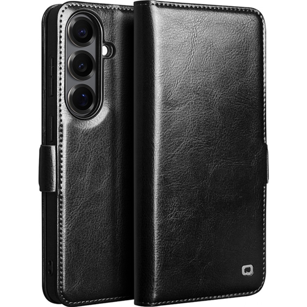 Samsung Galaxy S26+ Case Hülle - Flip Qialino Echtleder mit magnetischem Verschluss - Schwarz
