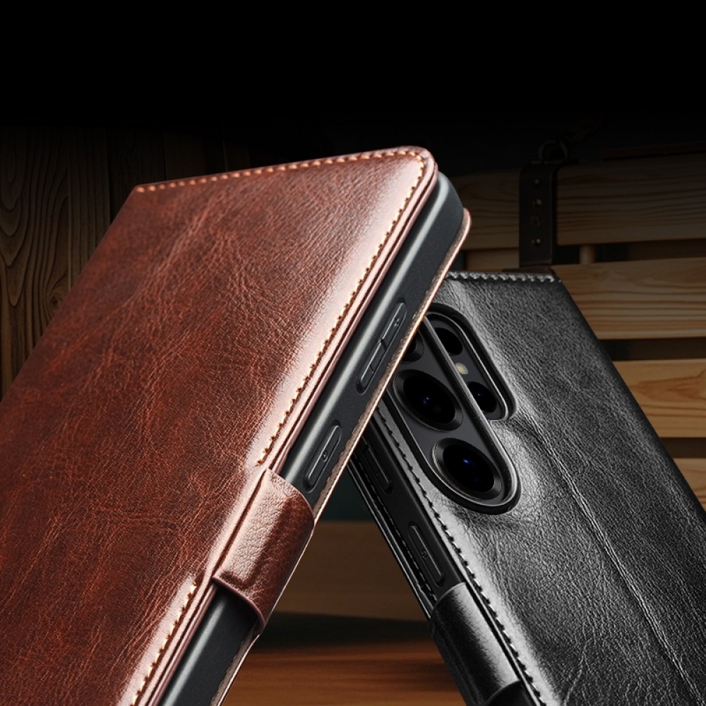 Samsung Galaxy S26 Ultra Case Hülle - Flip Qialino Echtleder mit magnetischem Verschluss - Schwarz