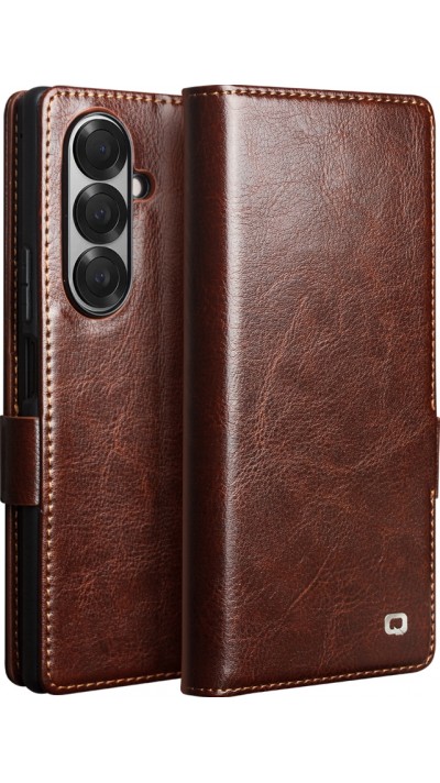 Samsung Galaxy Z Fold7 Case Hülle - Flip Qialino Echtleder mit magnetischem Verschluss - Dunkelbraun