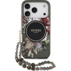 Coque iPhone 17 Pro - Guess IML fleurs avec chaîne poignet compatible MagSafe protection élégante et tendance - Noir