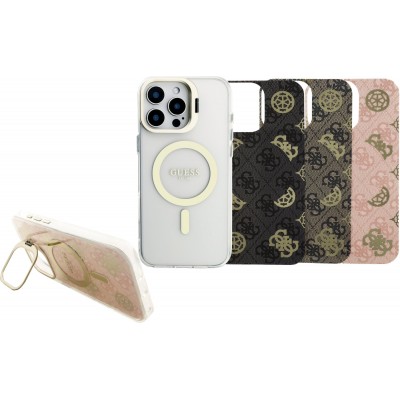 Coque iPhone 16 Pro Max - Guess magn&eacute;tique MagSafe avec plaques interchangeables (rose / brun / noir) et Camera Stand - Transparent