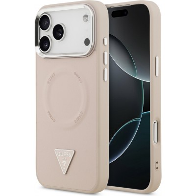 iPhone 17 Pro Case H&uuml;lle - Guess MagSafe PU-Leder mit Triangel-Logo und silbernem Kamerarahmen - Rosa