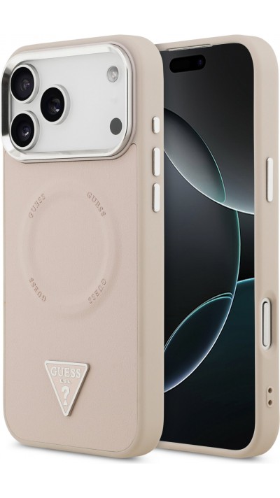 Coque iPhone 17 Pro - Guess MagSafe cuir PU avec logo triangle et cadre caméra métal argenté - Rose